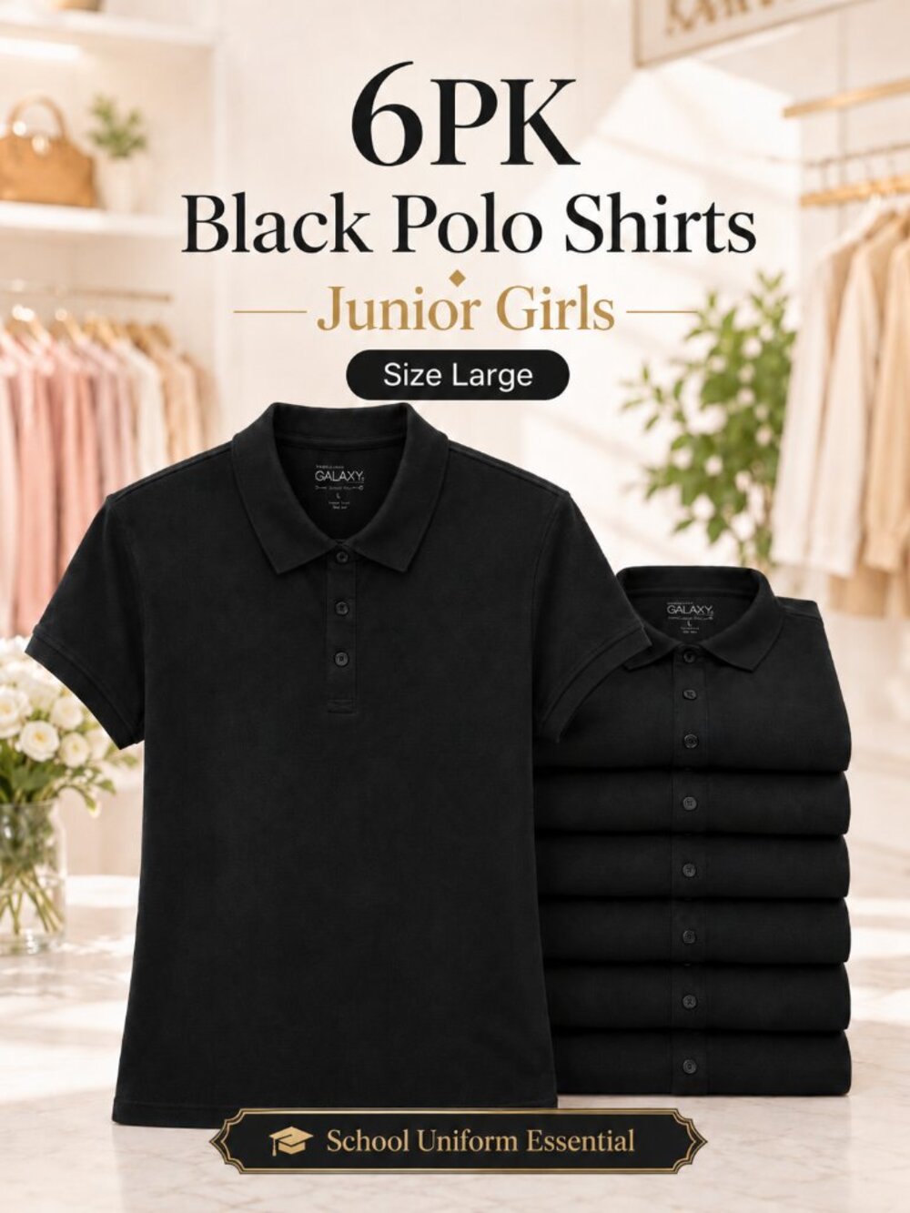 6-Pack Junior Girls Black Polo Shirts Size Large 3-Pack School Uniform